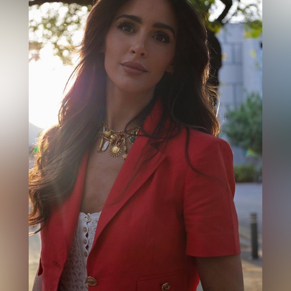 NEW Zara Linen Blend Coral Cropped Blazer L XL - Picture 9 of 13